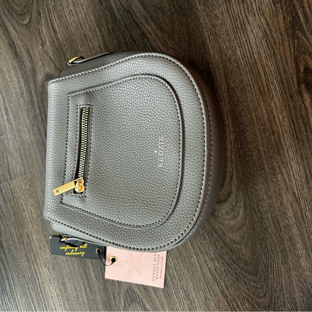 Gray Textured Crossbody Bag with Gold Hardware